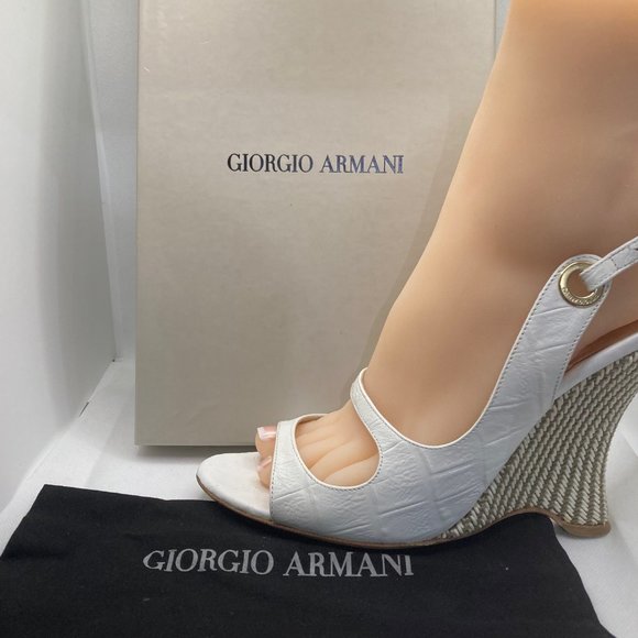 Giorgio Armani Ivory Leather and Textile Open-Toe Wedges Size 9 - Picture 1 of 14